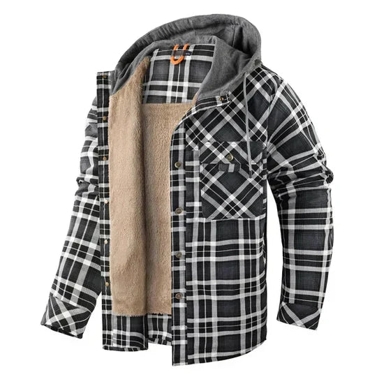 Men's plaid hooded shirt jacket (shacket) for warm fall & winter layering. Casual men's outerwear.