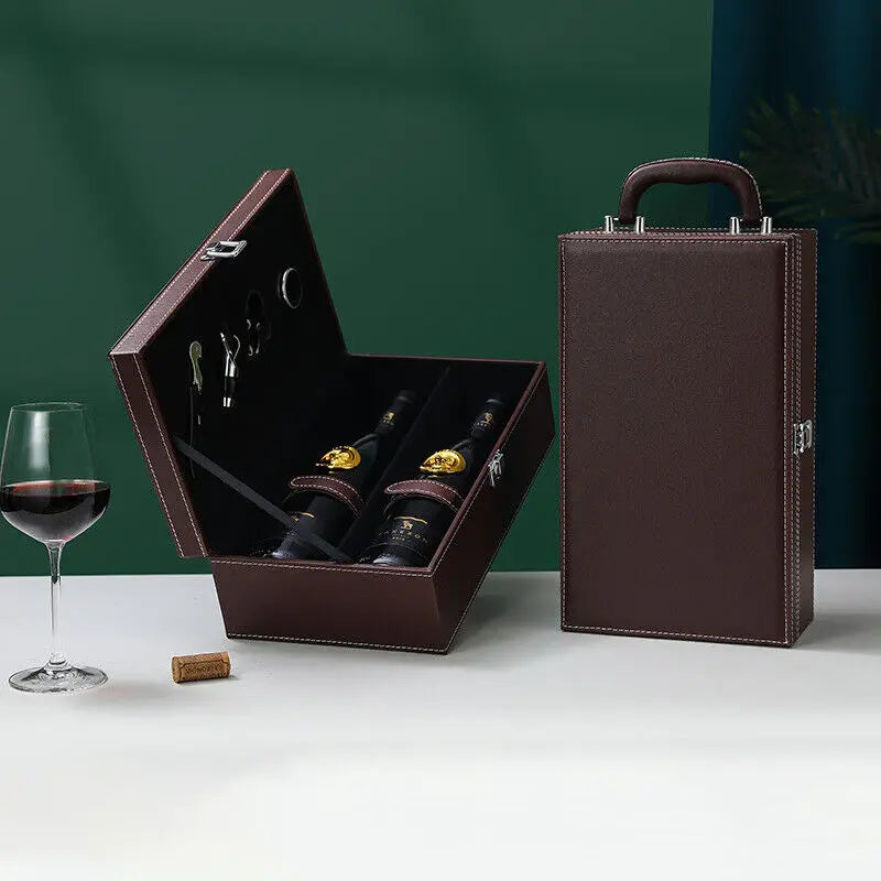 Organized travel wine box, securely holding bottles and barware accessories.