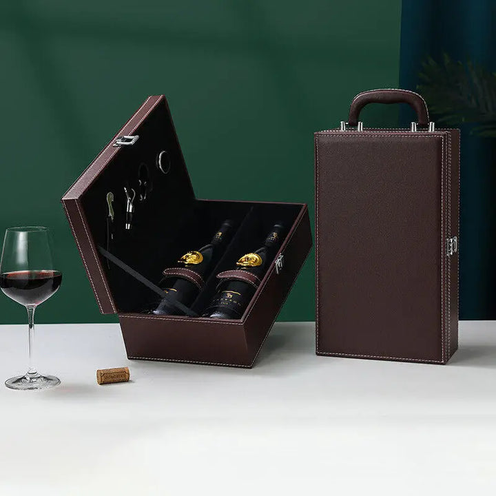 Organized travel wine box, securely holding bottles and barware accessories.