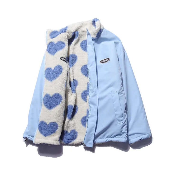 Reversible Heart-Print Coat with Plush Fleece
