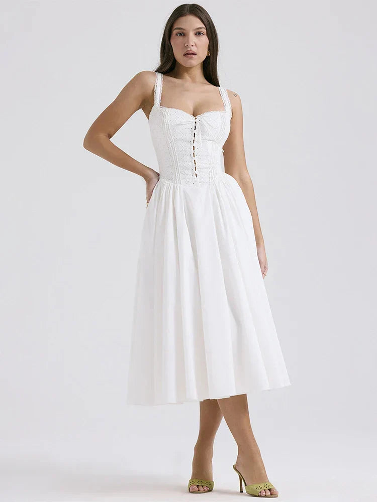 Elegant women's summer midi dress, featuring a button-front and breezy style, perfect for warm weather.