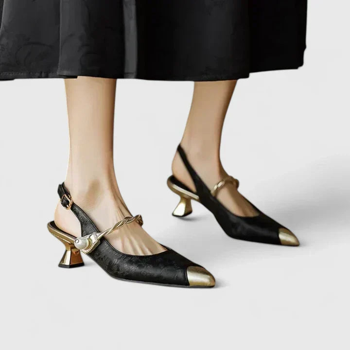 Black women's orthopaedic kitten heels with elegant pearl straps, perfect party & dress shoes.