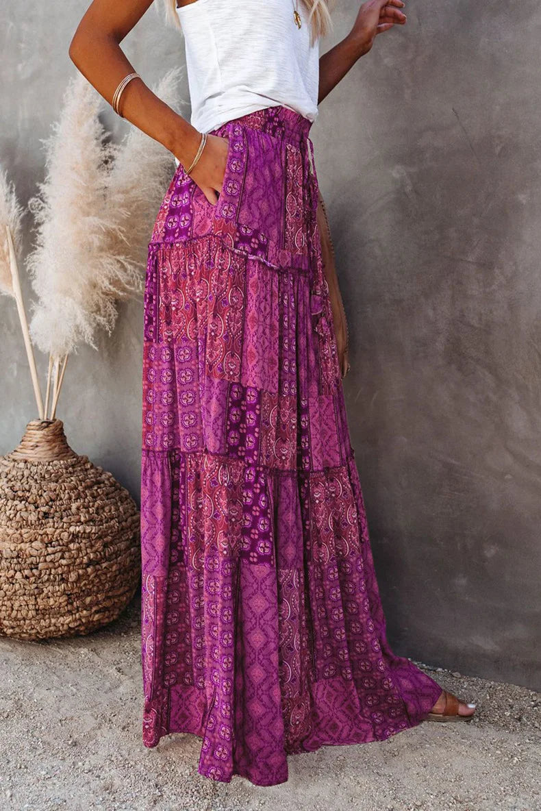 Boho floral printed maxi skirt, high-waisted A-line, a must-have for women's spring.