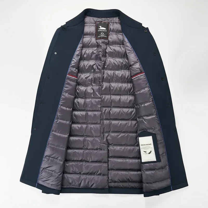 Classic men's water-repellent trench coat, down-filled for superior warmth. Tailored fit, elegant outerwear for winter.