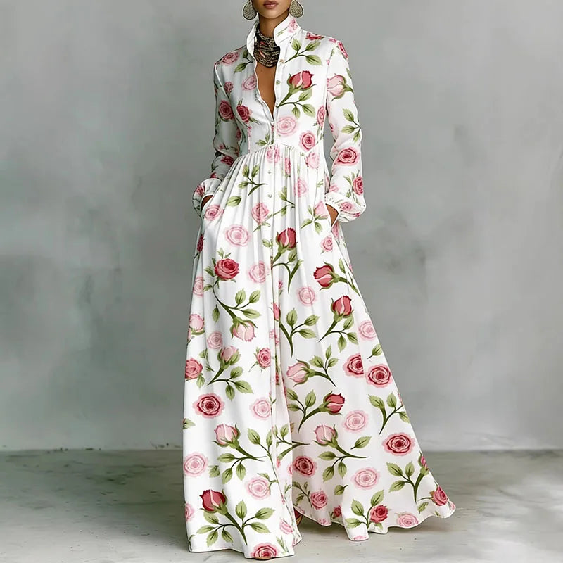 Women's elegant floral button-front maxi dress, a comfortable and stylish long summer dress.