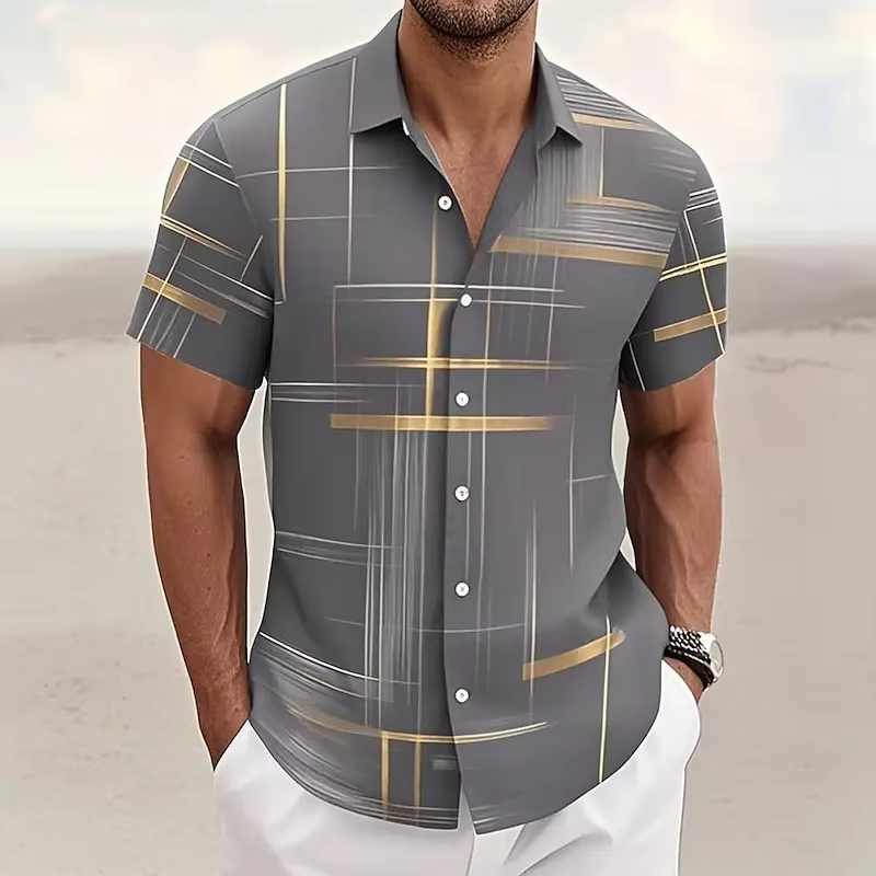 Men's patterned short-sleeve button-down shirt, modern geometric print, ideal for stylish summer casual wear.