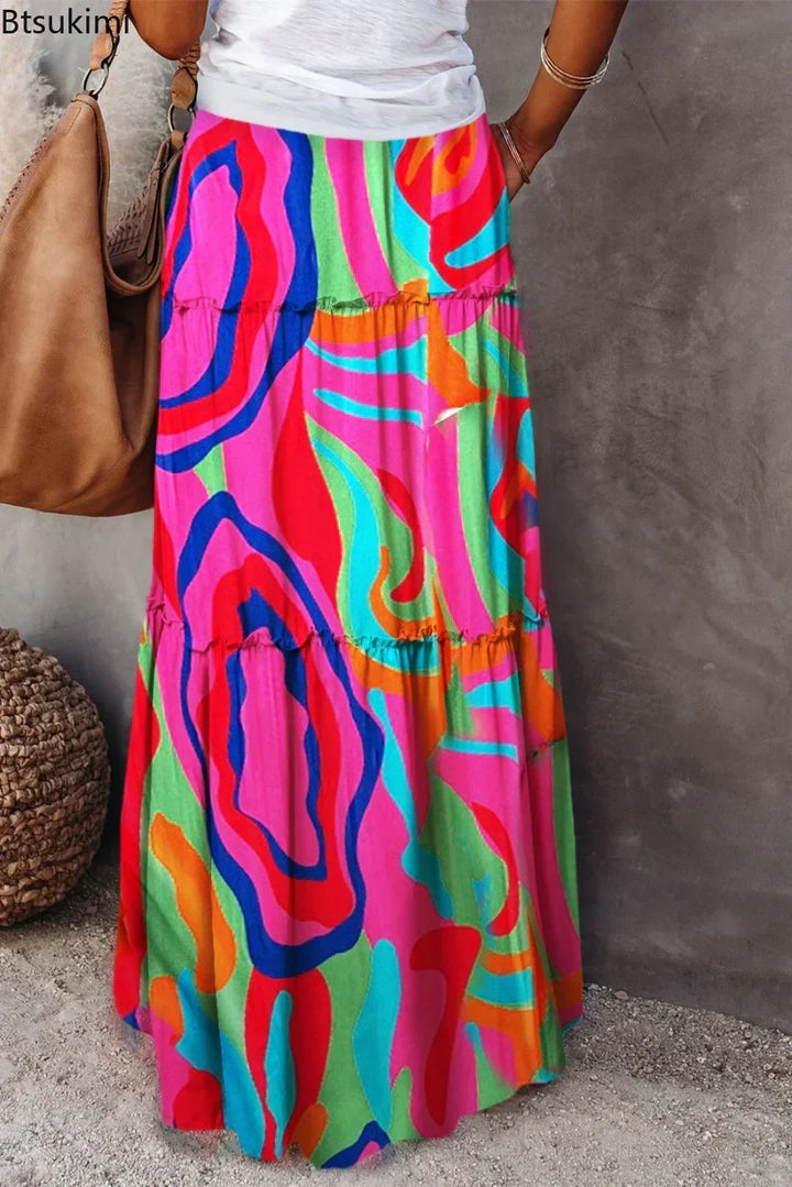 Women's elegant floral maxi skirt, high-waisted A-line silhouette, ideal for casual chic.