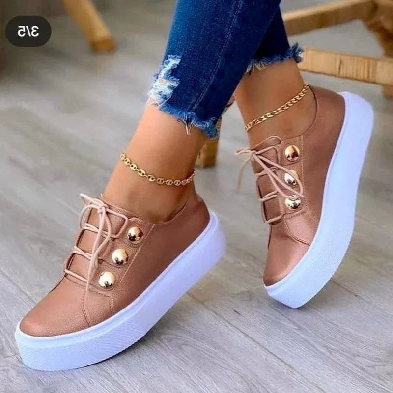 Fashionable women's platform trainers with round toe. Perfect everyday sneakers blending style and orthopedic comfort.