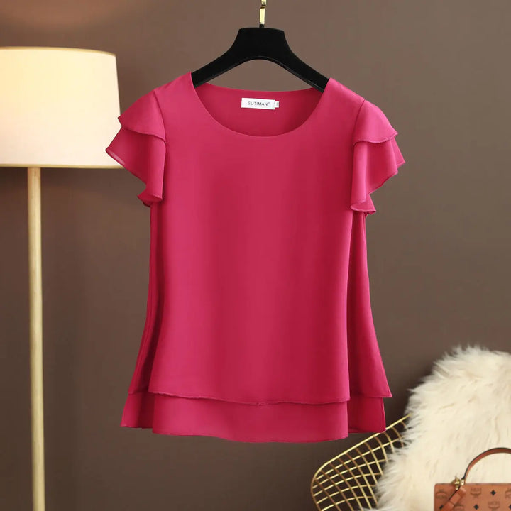 Plus size elegant women's O-neck short sleeve blouse. Versatile summer fashion top.
