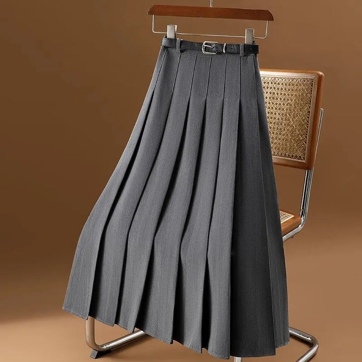 Women's elegant pleated A-line midi skirt with a stylish belt, perfect for office wear or chic versatile fashion.
