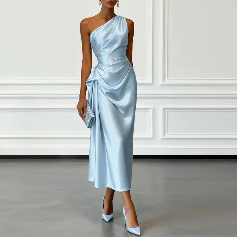 Elegant women's one-shoulder midi dress with sophisticated draping and delicate ruching, suitable for formal wear.