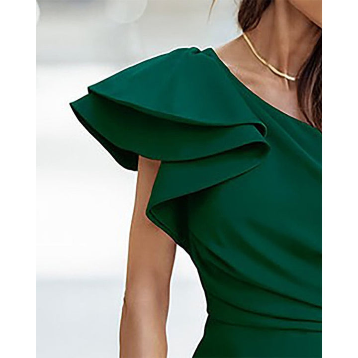 Stylish women's asymmetric one shoulder midi dress with elegant ruffle & split hem. Ideal for evening fashion.