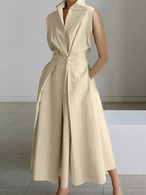 Stylish women's long maxi dress with shirt collar, ideal for urban summer wear. Chic & modest casual style.