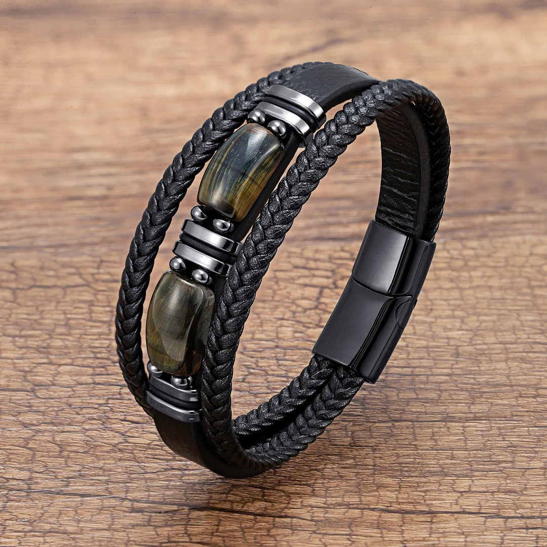 Product shot: Men's braided tiger eye bracelet, featuring natural stone & stainless steel.
