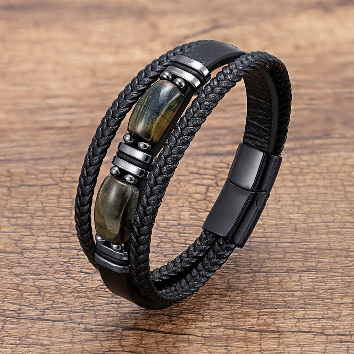 Product shot: Men's braided tiger eye bracelet, featuring natural stone & stainless steel.