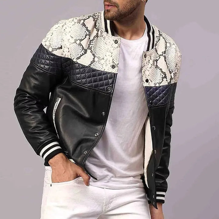 Modern men's black bomber jacket, slim fit with a stylish stand collar, excellent choice for winter outerwear fashion.