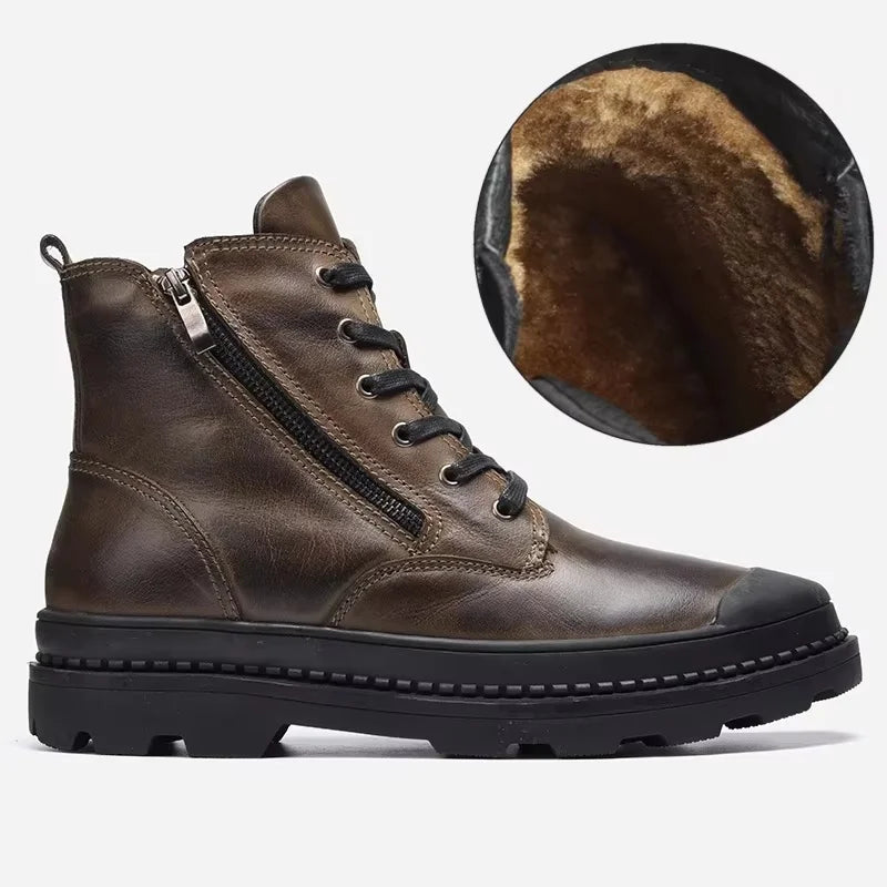 Durable men's vintage combat boots, excellent for outdoor adventures or everyday autumn fashion. Lace & zip.