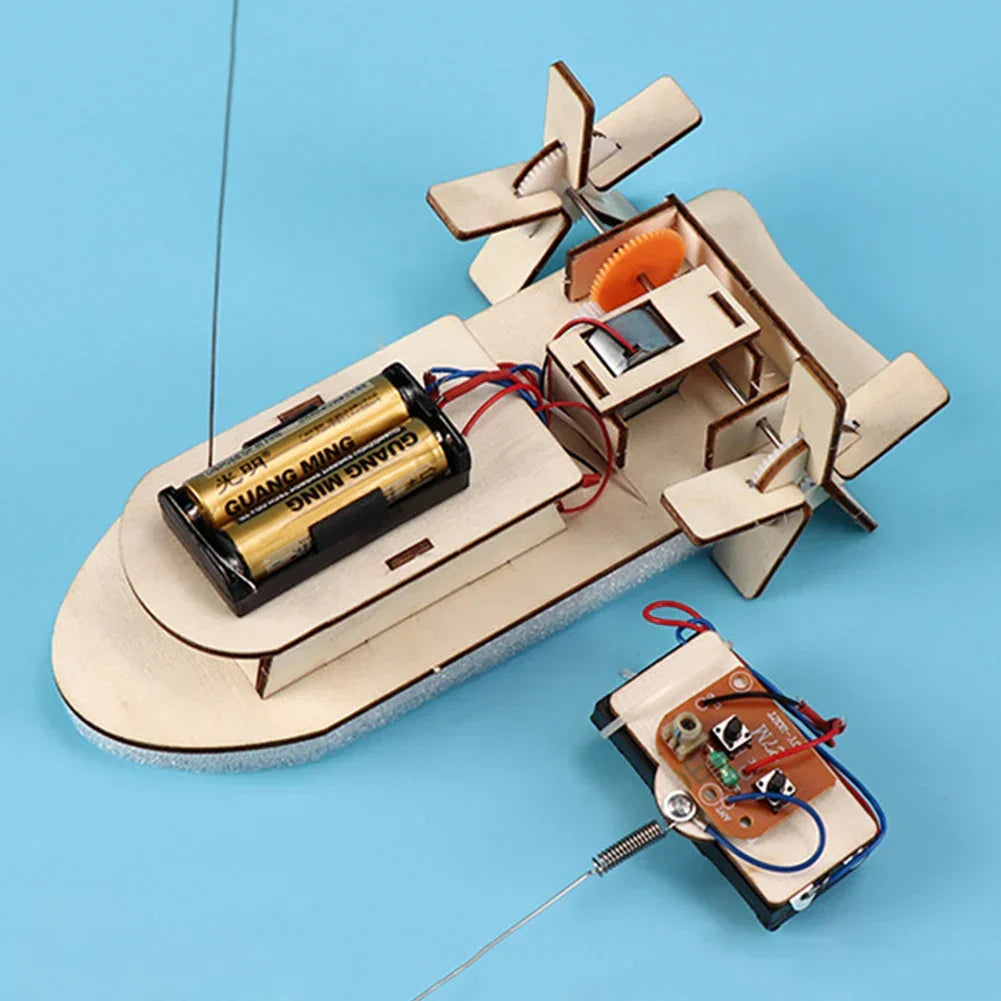 Fun educational wooden electric toy boat for kids to build, customize, and play with.