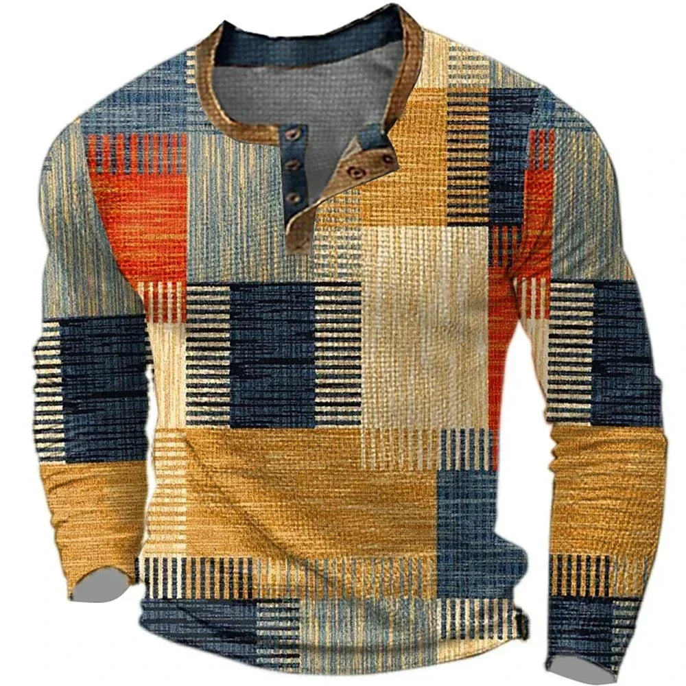 Men's colorful patchwork long sleeve button-down shirt. Stylish & comfortable for casual everyday wear. Versatile fashion.