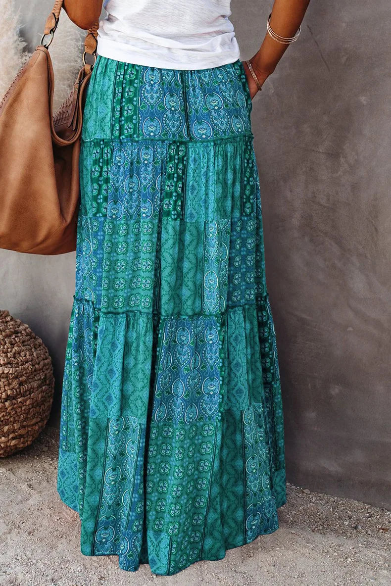 Summer fashion women's high-waisted floral A-line maxi skirt, comfortable & stylish.