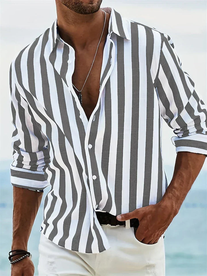 Lightweight men's striped button-down shirt with a relaxed fit, ideal for casual summer style.