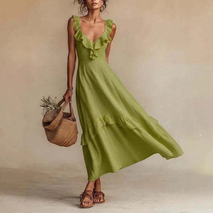 Stylish V-neck sleeveless A-line maxi dress for women, featuring elegant ruffle trim and a beautiful tiered hem.