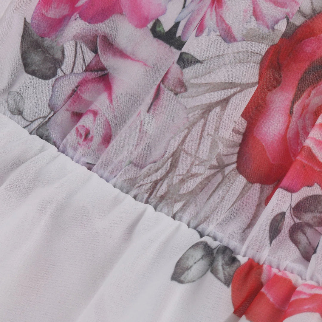 Vibrant floral print off-shoulder mini dress for women. Ruffled details make this a must-have for summer fashion.
