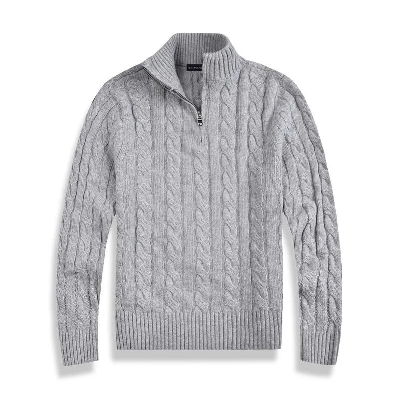 Classic men's quarter-zip cable knit sweater, offering a sophisticated and comfortable long-sleeve style.