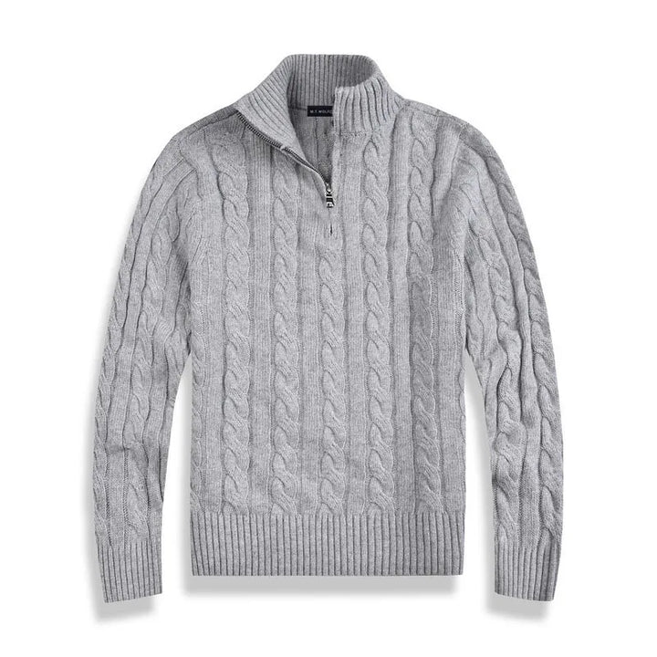 Classic men's quarter-zip cable knit sweater, offering a sophisticated and comfortable long-sleeve style.
