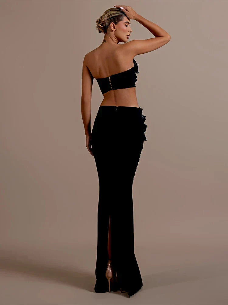 Luxurious women's embellished two-piece party outfit, perfect for special occasions & sparkle season celebrations.