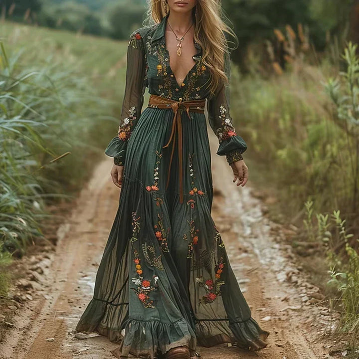 Side view of a woman showcasing the flowy silhouette of the elegant V-neck long sleeve boho maxi dress.