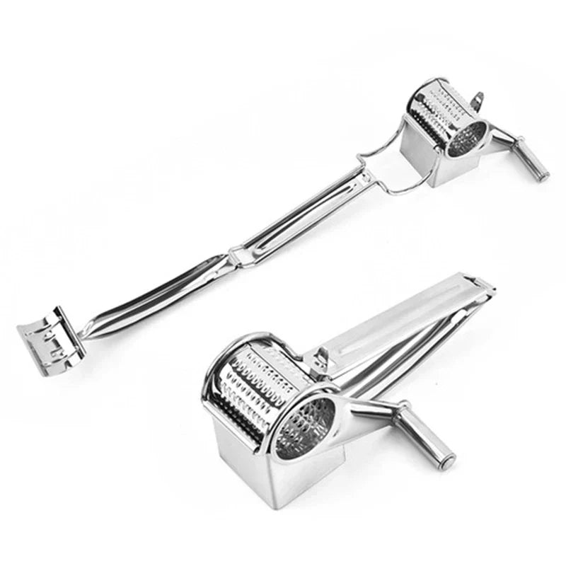 Versatile manual rotary grater for cheese, nuts, and chocolate. Essential stainless steel kitchen & serving tool.
