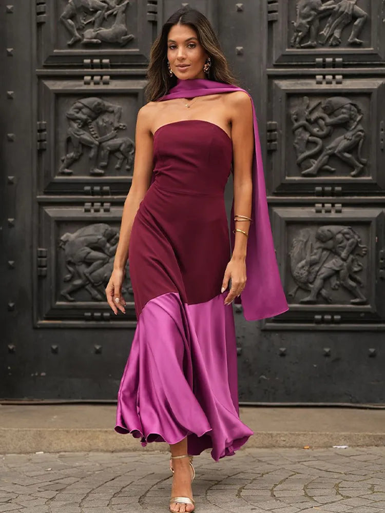 Chic women's two-tone strapless dress with a matching shawl, suitable for elegant evening wear & cocktail parties.