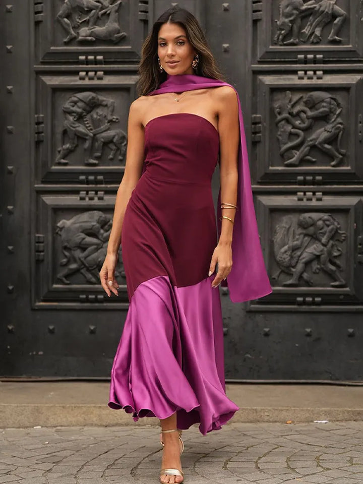 Chic women's two-tone strapless dress with a matching shawl, suitable for elegant evening wear & cocktail parties.