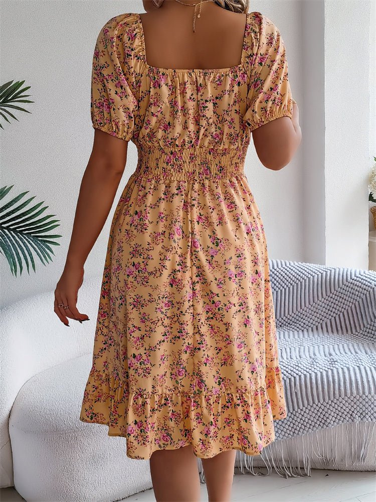 Stylish floral print smocked midi dress for women, puff sleeves, and a flattering fit design.