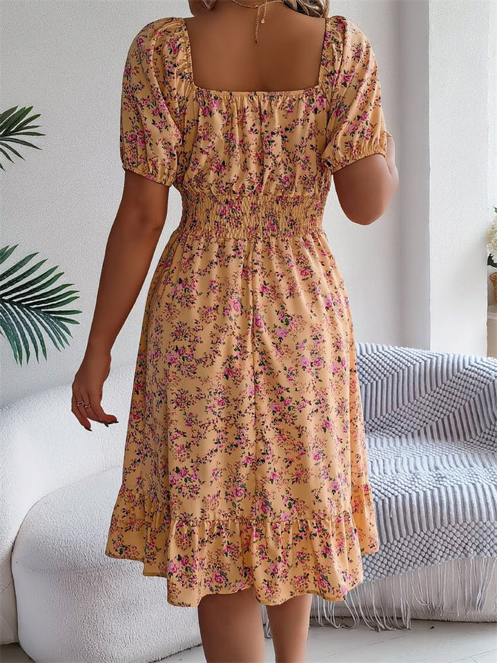 Stylish floral print smocked midi dress for women, puff sleeves, and a flattering fit design.