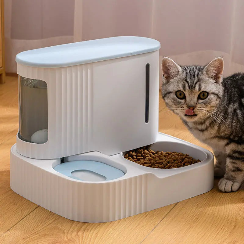 Automatic pet food & water dispenser for cats, keeping them fed & hydrated.
