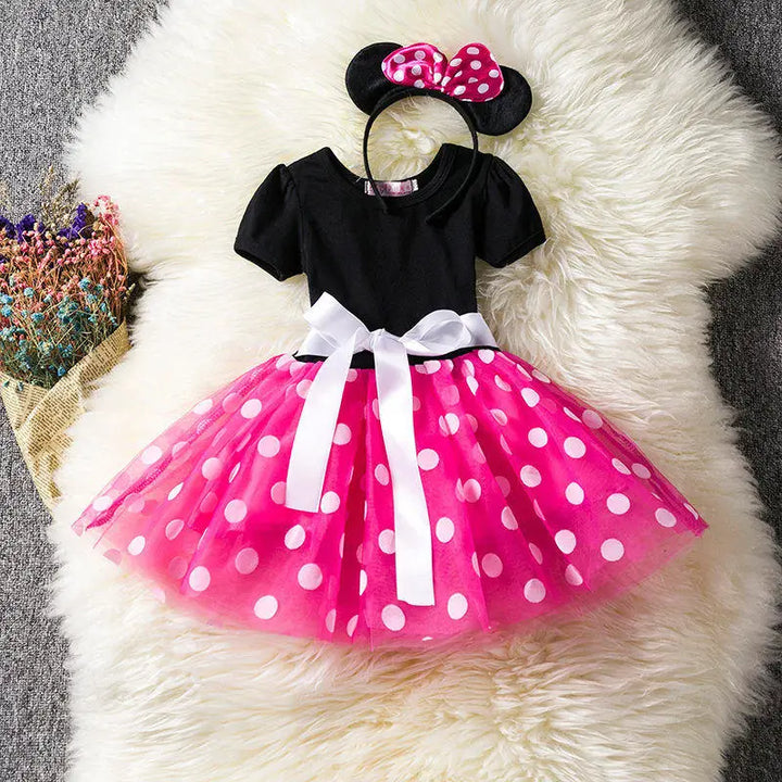 Girls' Minnie Mouse polkadot dress & ears headband costume set. Perfect for parties & play.