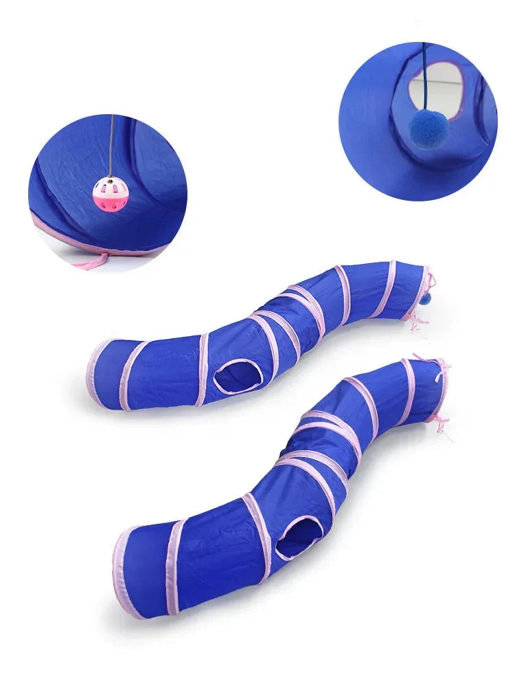 Cat play tunnel with soft integrated pet house; a fun cat accessory for interactive entertainment, hiding & naps.