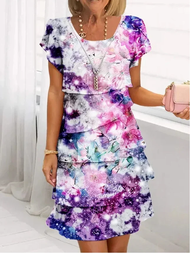 Elegant purple ruffle A-line midi dress for women, perfect for summer parties or casual wear. Flowy & comfortable.
