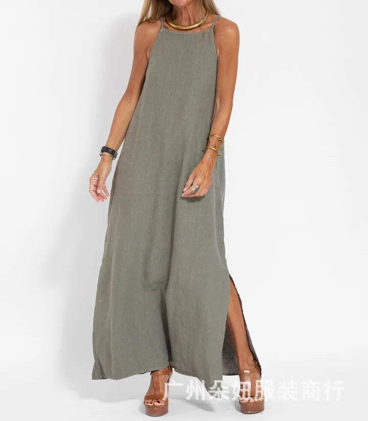 Chic women's flowy maxi slip dress with elegant side slits. A comfortable yet stylish choice for summer fashion.