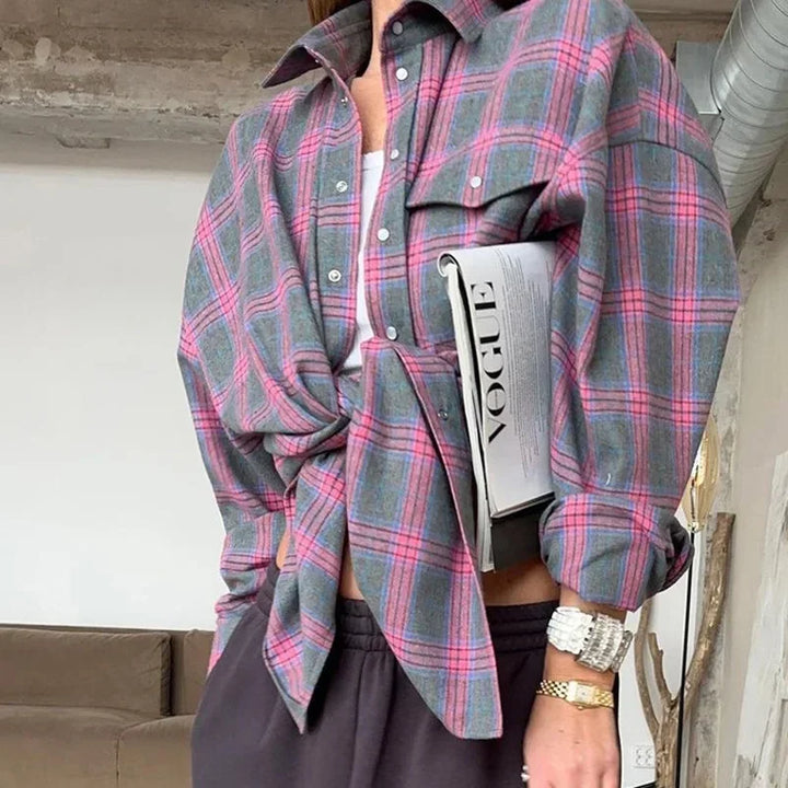 Women's chic checkered long sleeve shirt, perfect for casual & trendy everyday style. Relaxed fit button down.