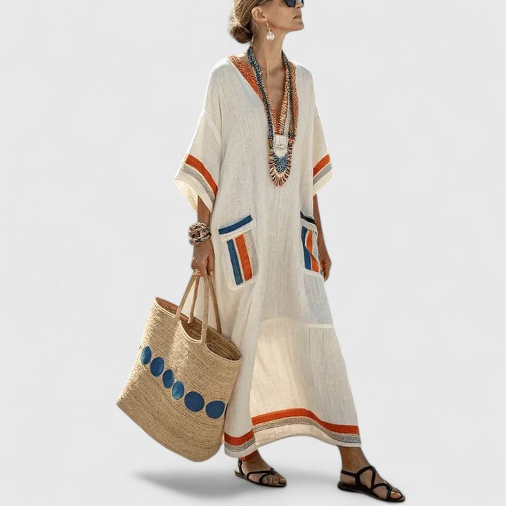 Flowy V-neck maxi dress for women, a comfortable relaxed fit bohemian summer outfit.