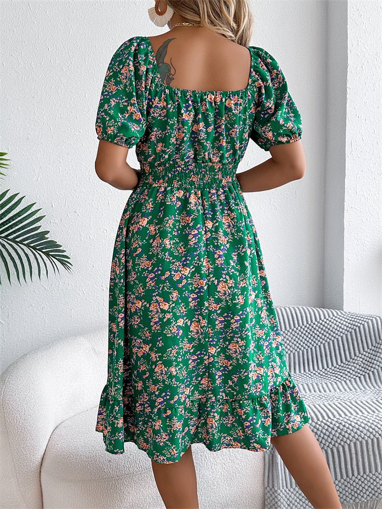 Beautiful women's smocked floral midi dress with puff sleeves & flattering square neck detail.