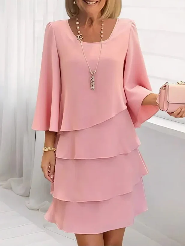Elegant women's pink ruffle A-line midi dress. Comfortable and flattering, perfect for summer occasions or classic style.