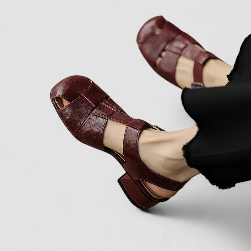 Women's orthopaedic Mary Jane sandals in brown, offering durable comfort, arch support, and adjustable fit.