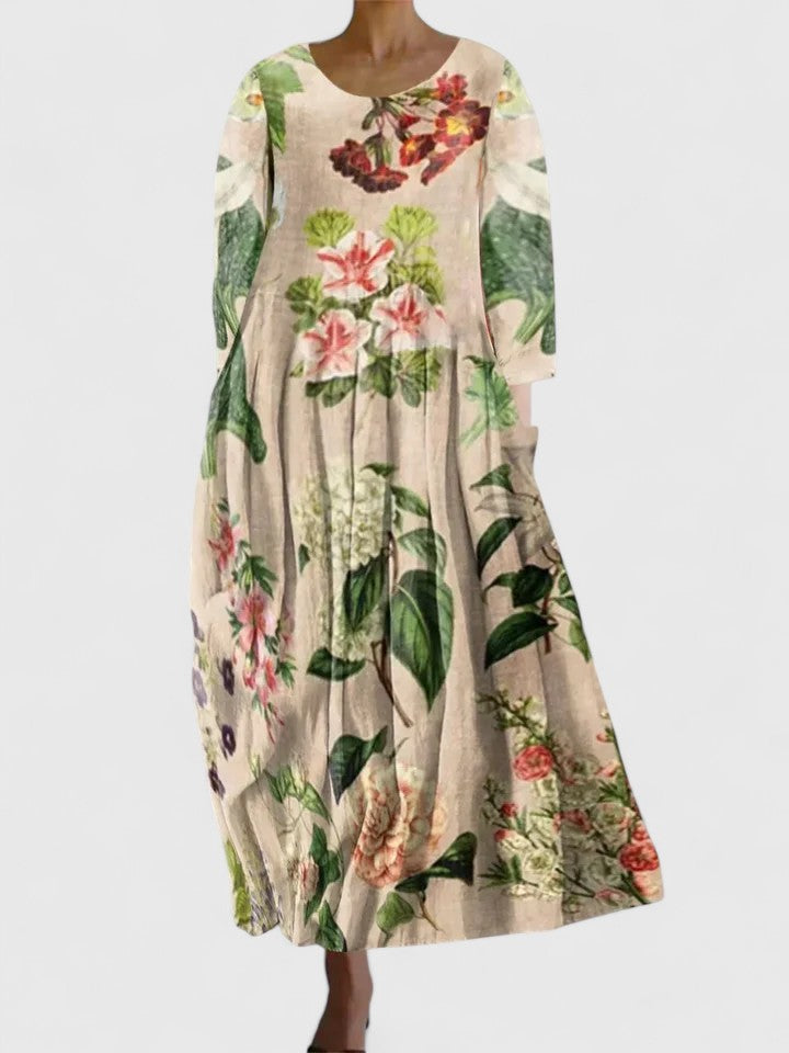 Women's elegant floral midi dress with a flattering fit, perfect for summer occasions and stylish comfort.