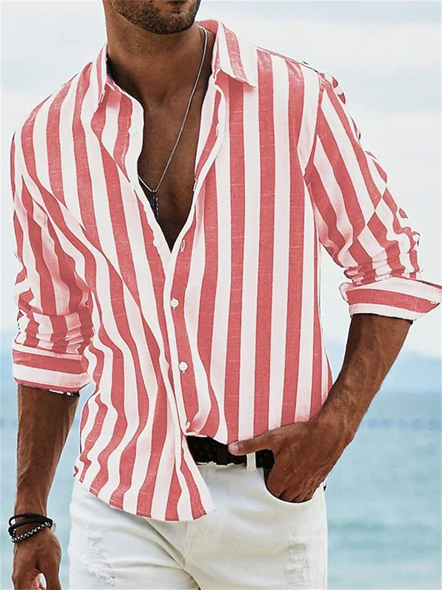 Versatile men's striped button-down top, great for casual wear, summer outfits, and relaxed beach days.