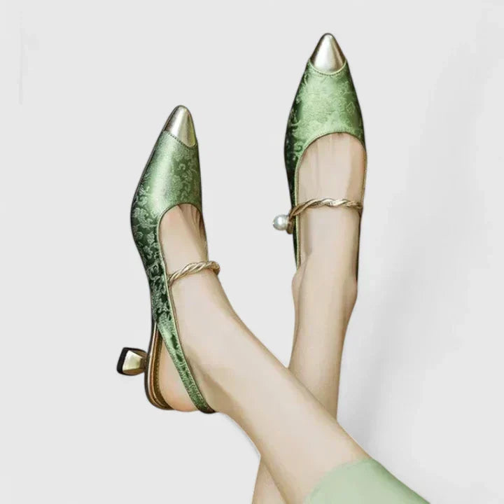 Beige orthopaedic kitten heels for women, featuring chic pearl straps and a comfortable design.