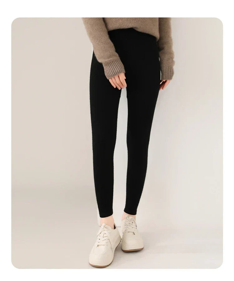 High waist cashmere women's leggings, fine knit, soft & cozy for flexible winter lounge wear.